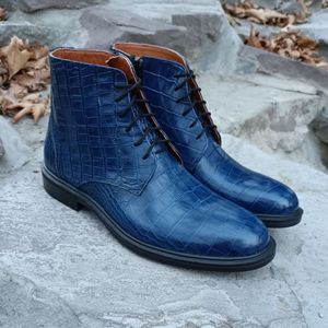 فروش اینترنتی نیم بوت مردانه اسپرت چرم طبیعی مدل البرز کروکودیلی سرمه ای