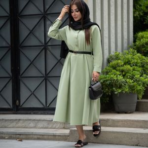 خرید آنلاین پیراهن مانتویی لینن + کمربند چرمی سولین