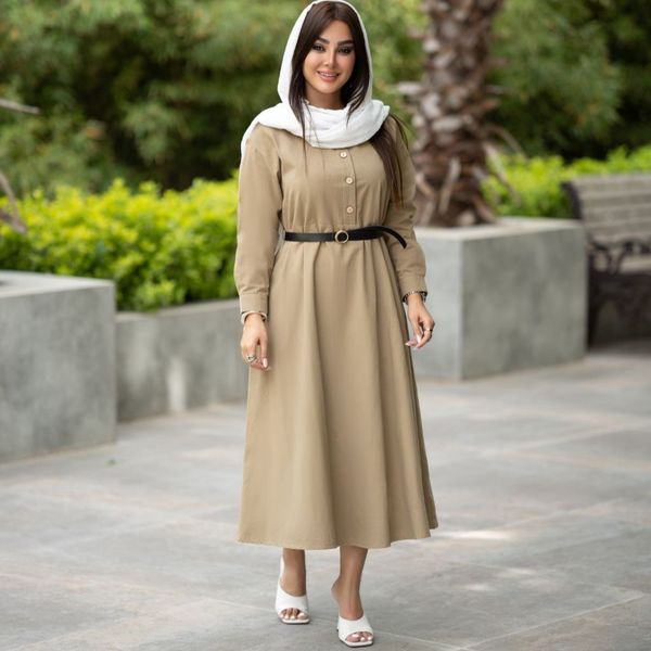 پیراهن مانتویی لینن + کمربند چرمی سولین