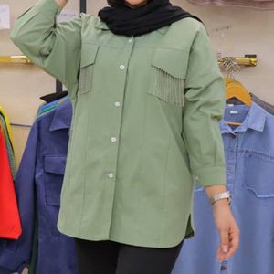 مشخصات مانتو لنین پارمیس تک رنگ سبز کناری