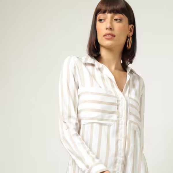 شومیز راه راه زنانه آستین بلند موکا Stradivarius