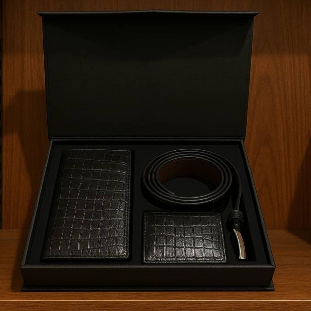 مشخصات ست کیف وکمربند وجاکارتی سه تیکه چرم طبیعی