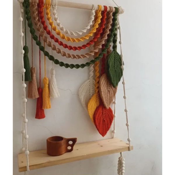 شلف چوبی مکرومه طرح گراناز  دکوراتیو رنگین کمونی