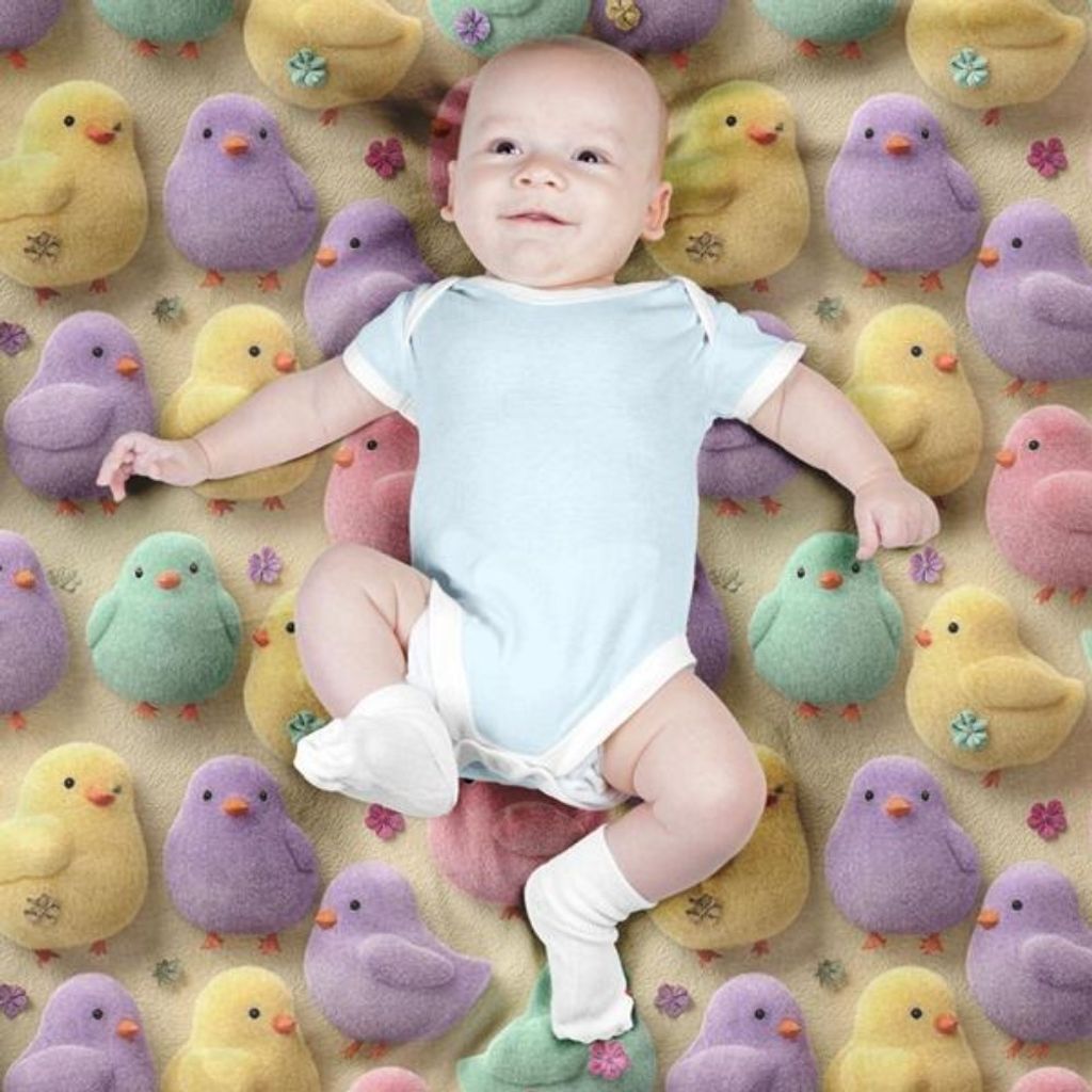 قیمت ارزان پارچه مخمل روبالشی پارچه باما طرح سه بعدی جوجه رنگی کد 5014031