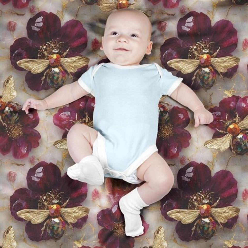 فروش اینترنتی پارچه مخمل روبالشی پارچه باما طرح سه بعدی گل و زنبور  کد 5014095