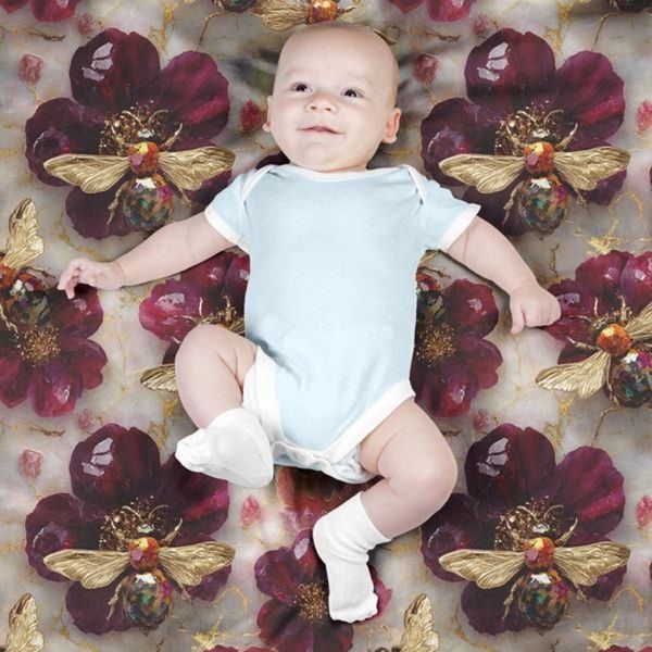 پارچه مخمل روبالشی پارچه باما طرح سه بعدی گل و زنبور  کد 5014095