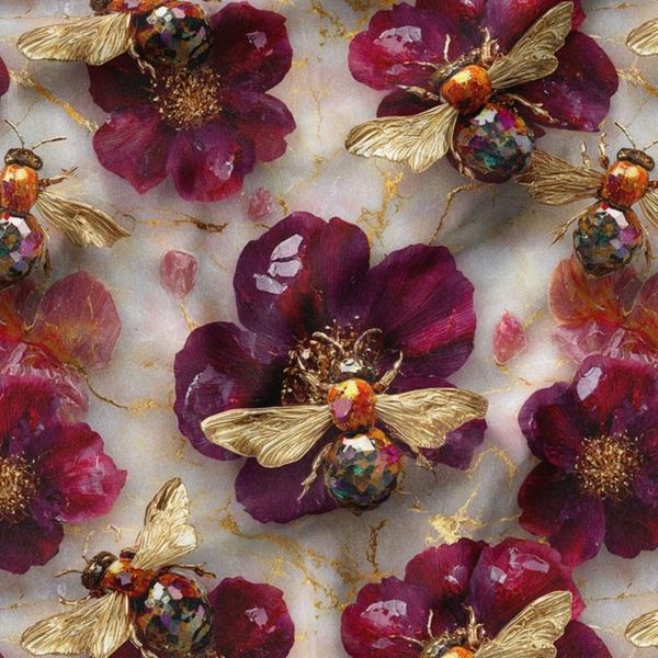 پارچه مخمل روبالشی پارچه باما طرح سه بعدی گل و زنبور  کد 5014095