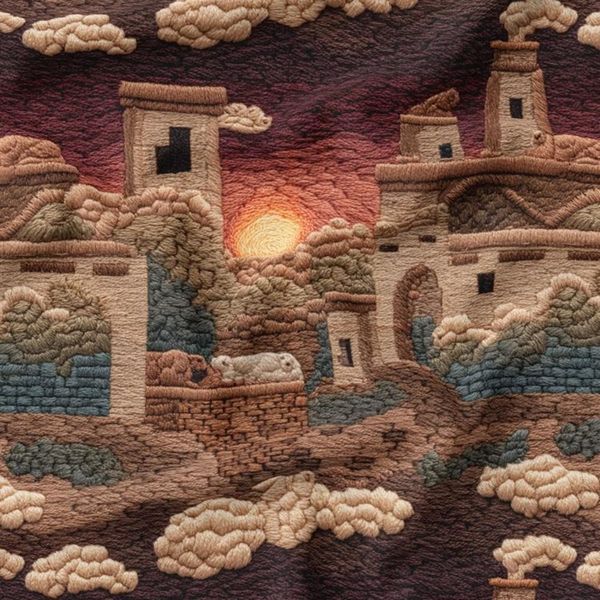 پارچه مخمل روبالشی پارچه باما طرح سه بعدی شهر کویری کد 5014098