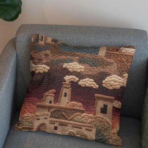 قیمت ارزان پارچه مخمل روبالشی پارچه باما طرح سه بعدی شهر کویری کد 5014098