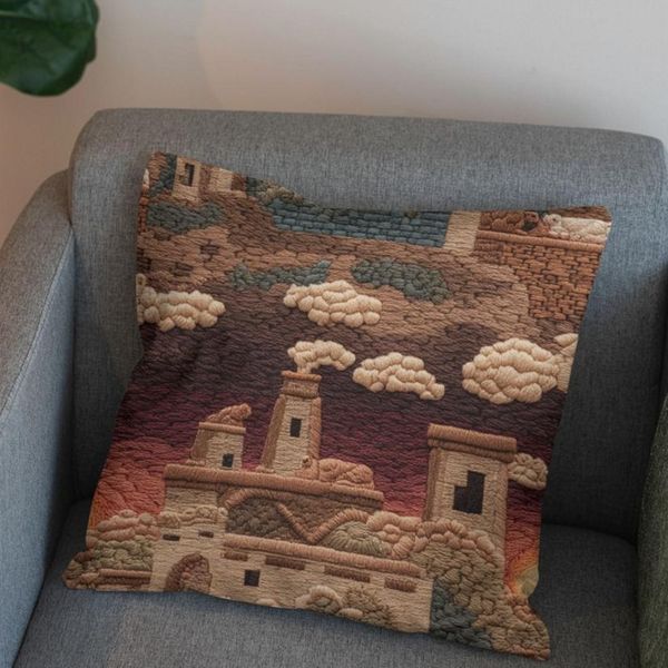 پارچه مخمل روبالشی پارچه باما طرح سه بعدی شهر کویری کد 5014098