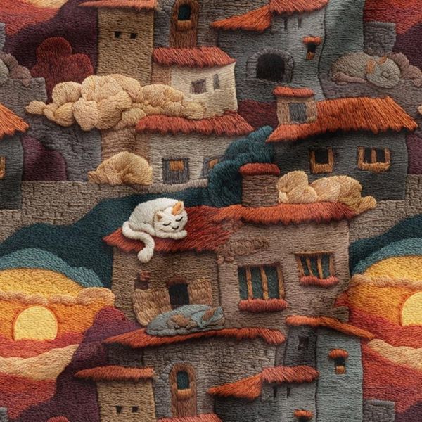 پارچه مخمل روبالشی پارچه باما طرح سه بعدی شهر کویری کد 5014100