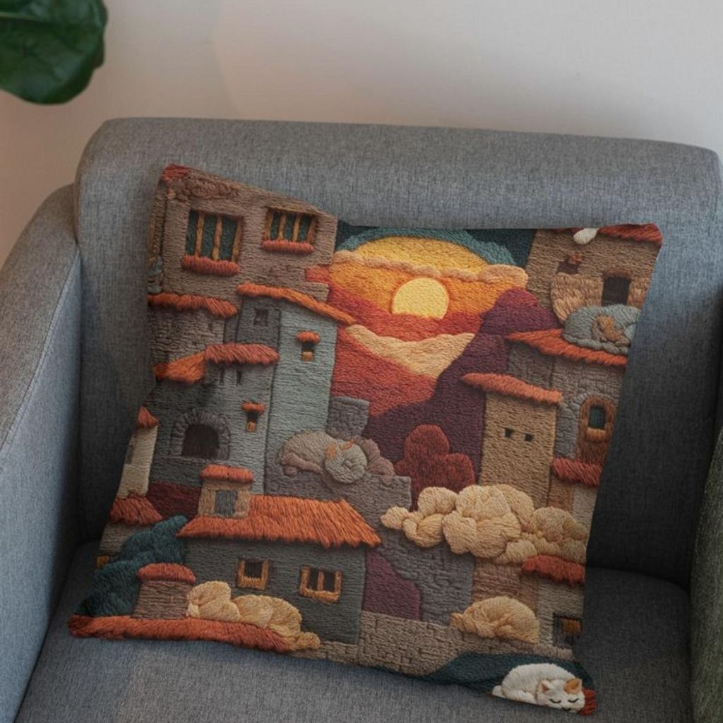 قیمت ارزان پارچه مخمل روبالشی پارچه باما طرح سه بعدی شهر کویری کد 5014100