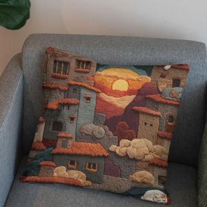 قیمت ارزان پارچه مخمل روبالشی پارچه باما طرح سه بعدی شهر کویری کد 5014100