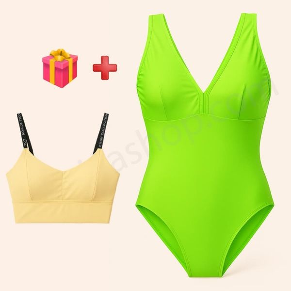 مایو زنانه اسلیپ پشت بسته سبز فسفری + 🎁 همراه با هدیه یک عدد نیم‌ تنه