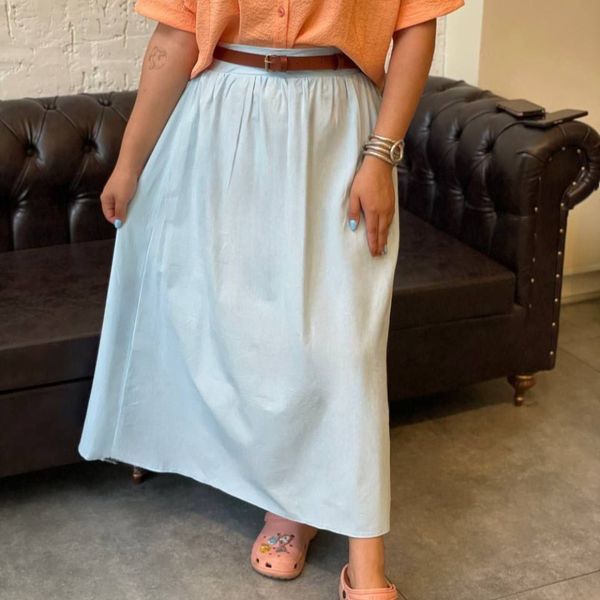 دامن لنین زارا ساده + کمربند چرم