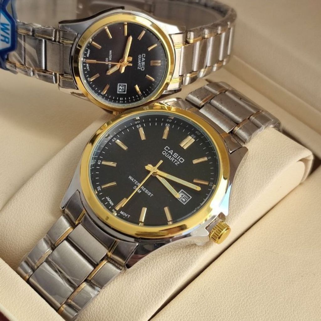 خرید اینترنتی ست ساعت کاسیو بند استیل دورنگ صفحه مشکی