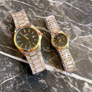 ست ساعت کاسیو بند استیل دورنگ صفحه مشکی