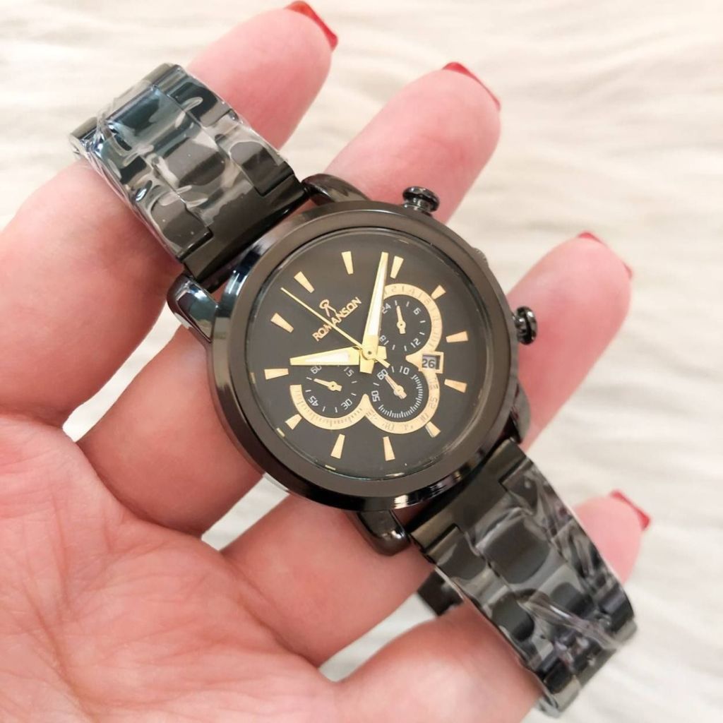 فروش اینترنتی ست ساعت زنانه و مردانه مارک رومانسون بنداستیل مشکی صفحه مشکی