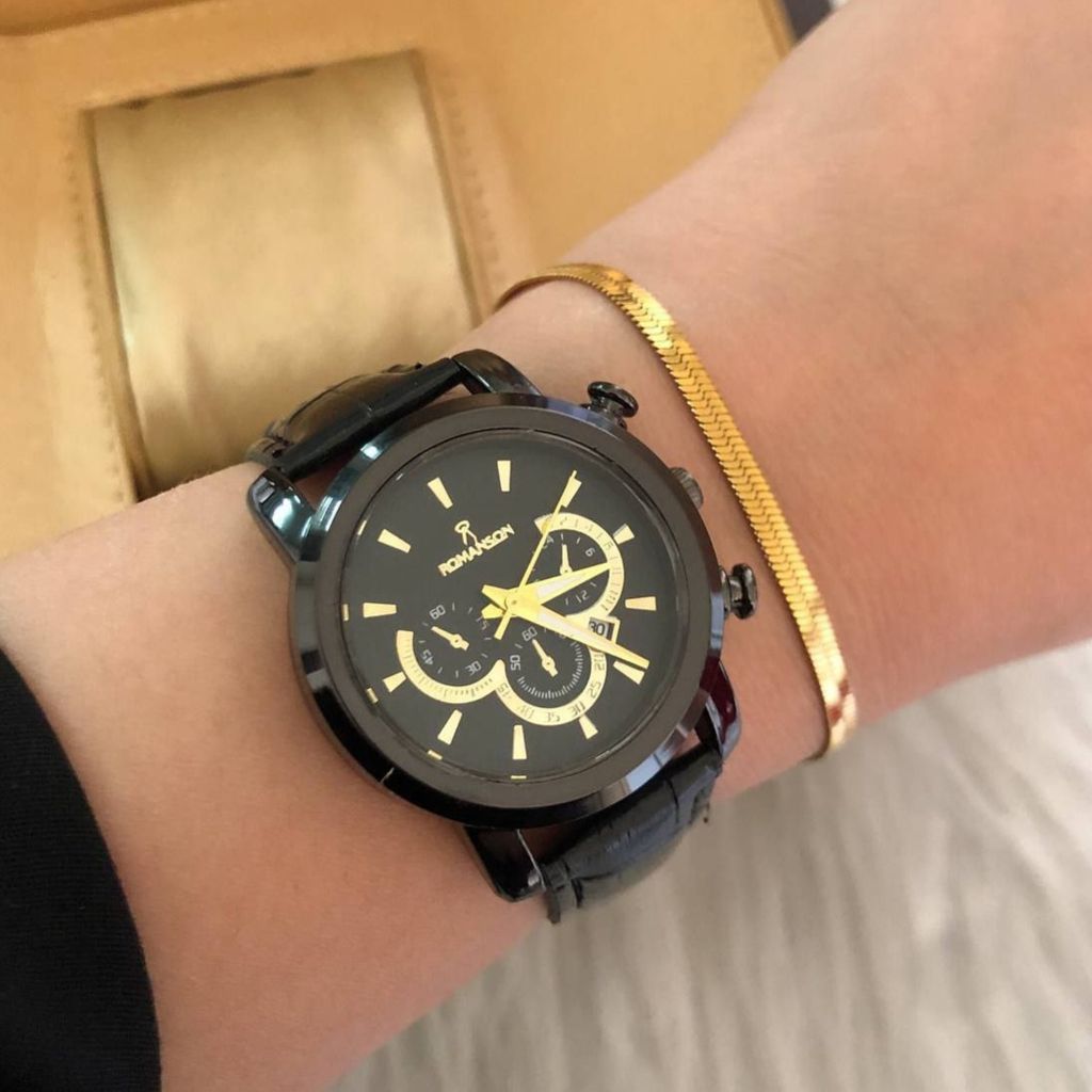 مشخصات ساعت زنانه بند چرم مشکی صفحه مشکی مارک رومانسون