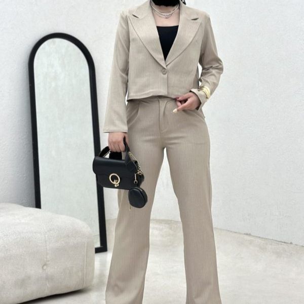 ست دوتیکه کت و شلوار تک دکمه راه راه بانک