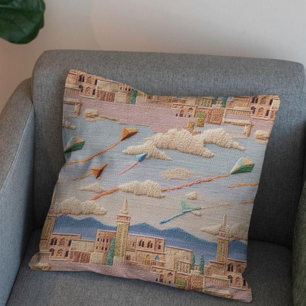 پارچه مخمل کوسن مبل پارچه باما طرح سه بعدی شهرقدیمی کد 5014170