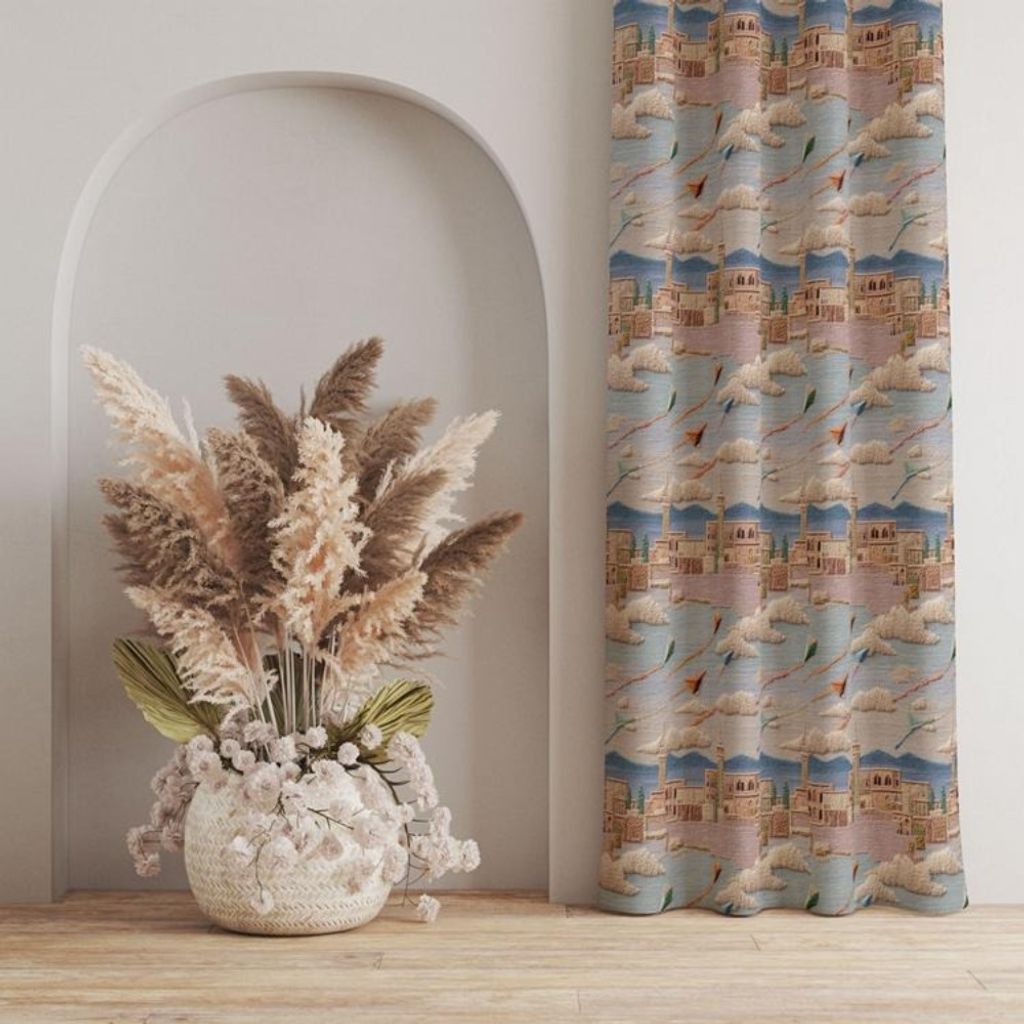 خرید آنلاین پارچه مخمل کوسن مبل پارچه باما طرح سه بعدی شهرقدیمی کد 5014170