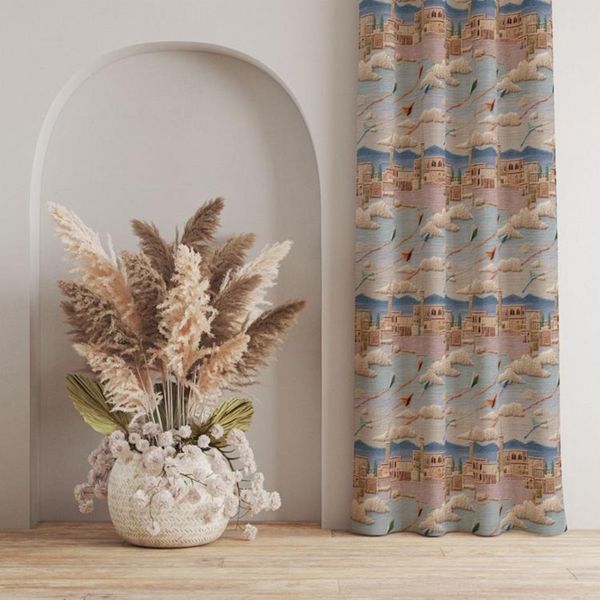 پارچه مخمل کوسن مبل پارچه باما طرح سه بعدی شهرقدیمی کد 5014170