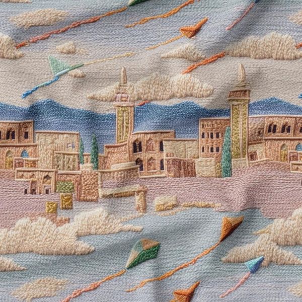 پارچه مخمل کوسن مبل پارچه باما طرح سه بعدی شهرقدیمی کد 5014170