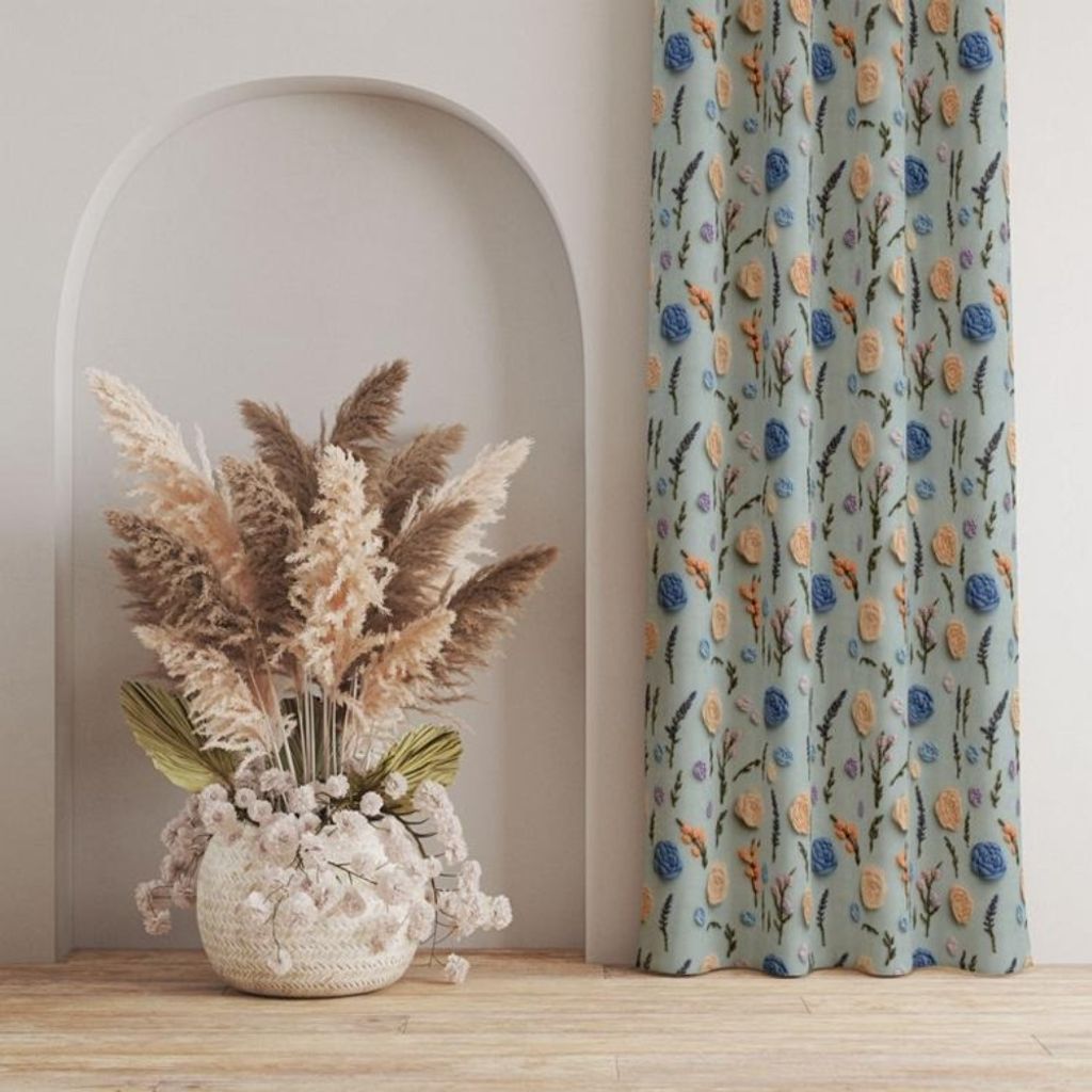 قیمت ارزان پارچه مخمل روبالشی پارچه باما طرح سه بعدی گل بهارانه کد 5014186