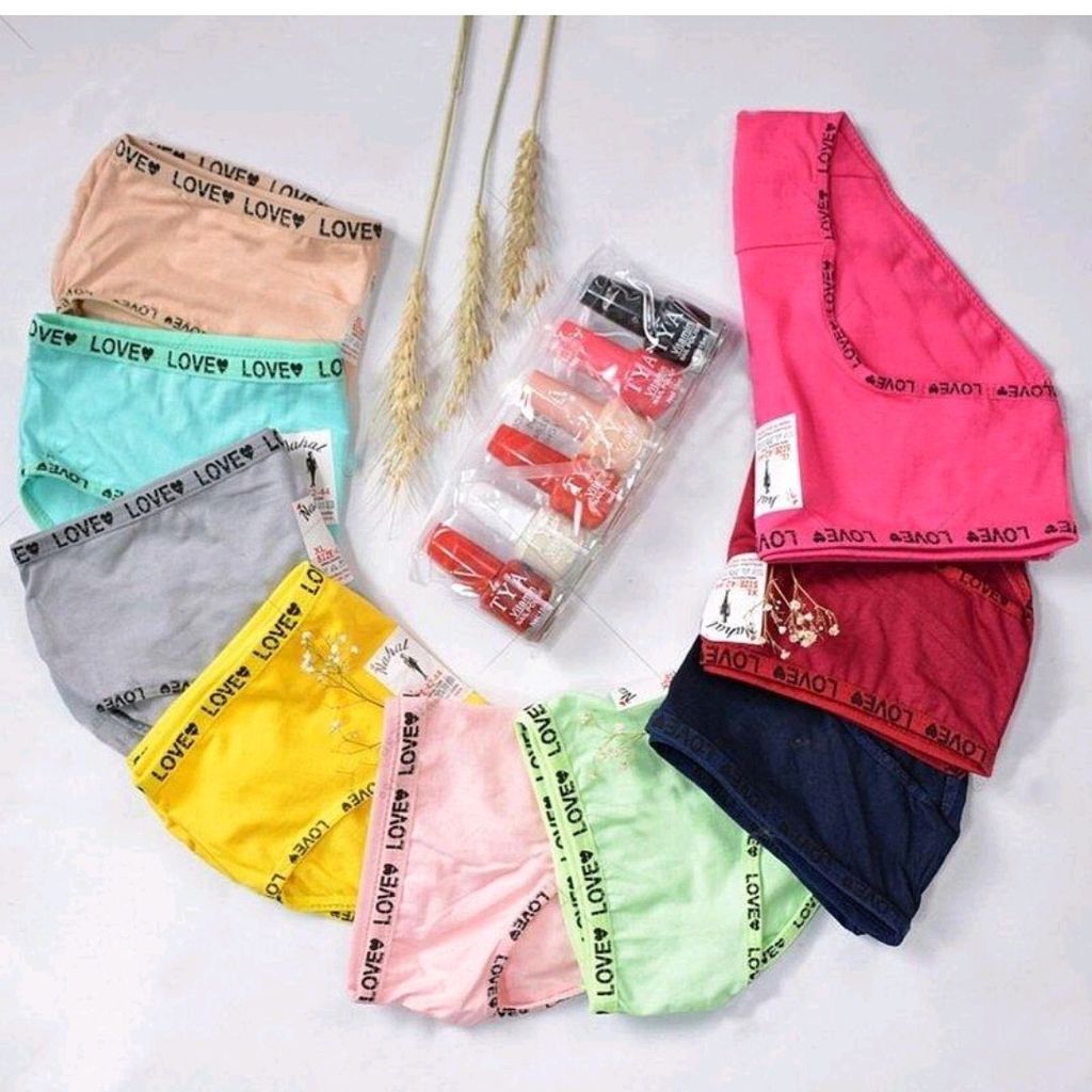 خرید انلاین شورت زنانه نخی پنبه نهال ساده طرح love سایز های lو3xl(رنگ بندی رندوم پک 6عددی )