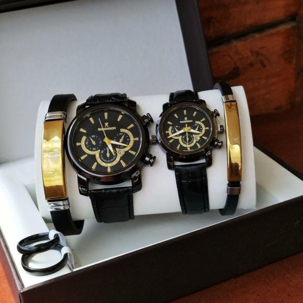 ست شیک ساعت رومانسون مشکی بند چرمی + دستبند + حلقه 369071