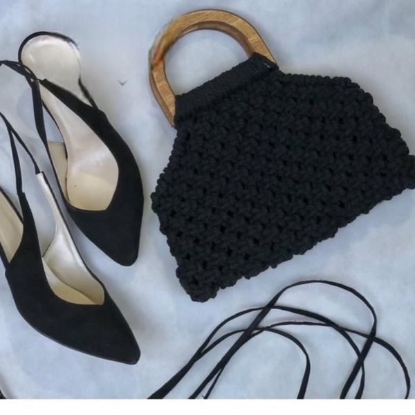 کیف مجلسی مکرومه بافی دسته چوبی