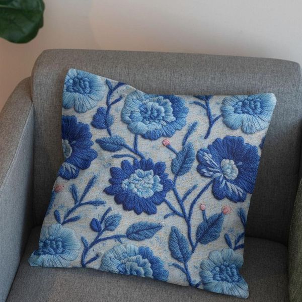 پارچه مخمل روبالشی پارچه باما طرح سه بعدی گل آبی کد 5014225