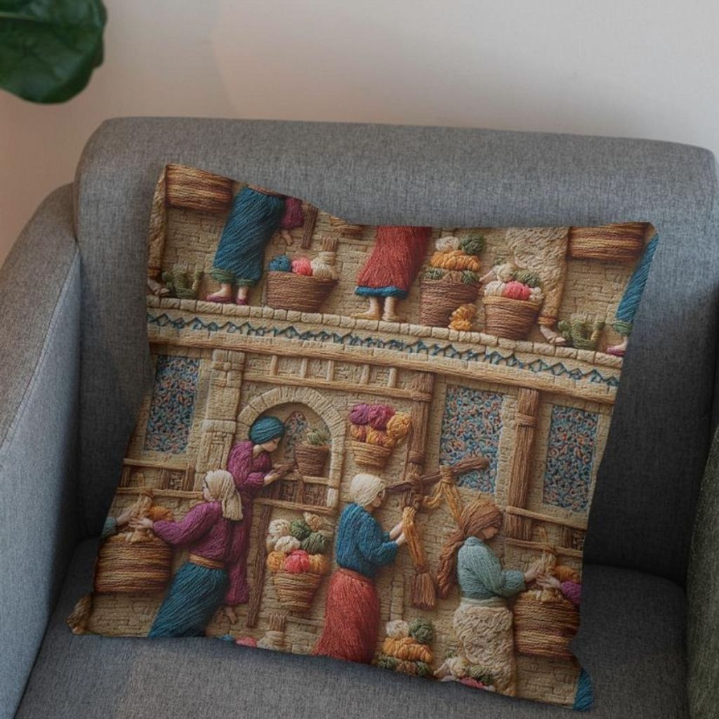 خرید اینترنتی پارچه مخمل روبالشی پارچه باما طرح سه بعدی بازار قدیمی کد 5014245