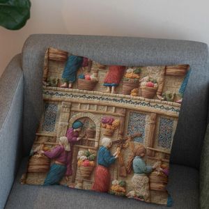 خرید اینترنتی پارچه مخمل روبالشی پارچه باما طرح سه بعدی بازار قدیمی کد 5014245