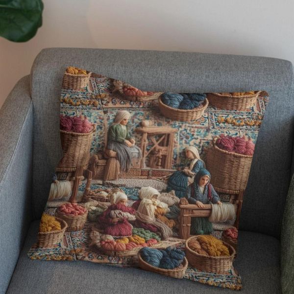 پارچه مخمل روبالشی پارچه باما طرح سه بعدی بازار قدیمی کد 5014246