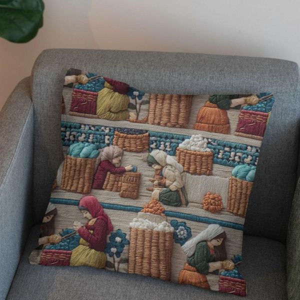 پارچه مخمل روبالشی پارچه باما طرح سه بعدی بازار قدیمی کد 5014248