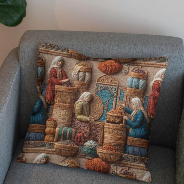 پارچه مخمل روبالشی پارچه باما طرح سه بعدی بازار قدیمی کد 5014249