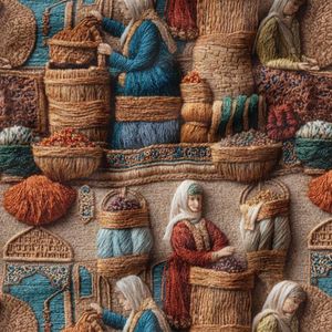 پارچه مخمل روبالشی پارچه باما طرح سه بعدی بازار قدیمی کد 5014249