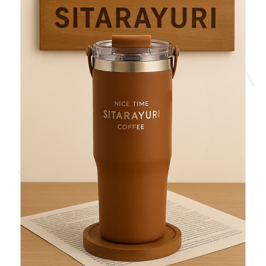 خرید آنلاین تاملر SITARAYURI رنگ نسکافه‌ای عایق وکیوم نی‌دار با حجم 900ml و بدنه استیل