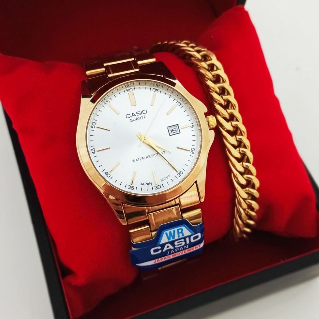 خرید آنلاین ست ساعت مردانه کاسیو + دستبند استیل طلایی