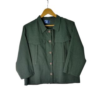 شومیز لینن زنانه مدل پشت دکمه رنگ سبز تیره