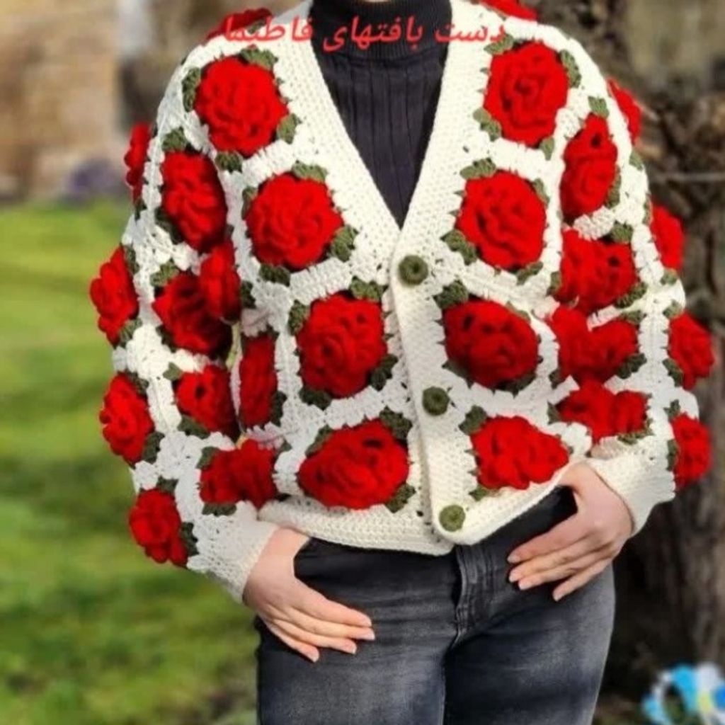 فروش اینترنتی مانتو قلاب بافی شده گل رز برجسته