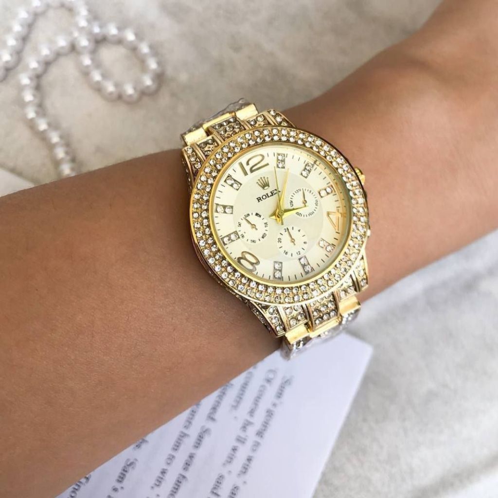 قیمت ارزان ست ساعت رولکس نگین‌دار طلایی + انگشتر ست