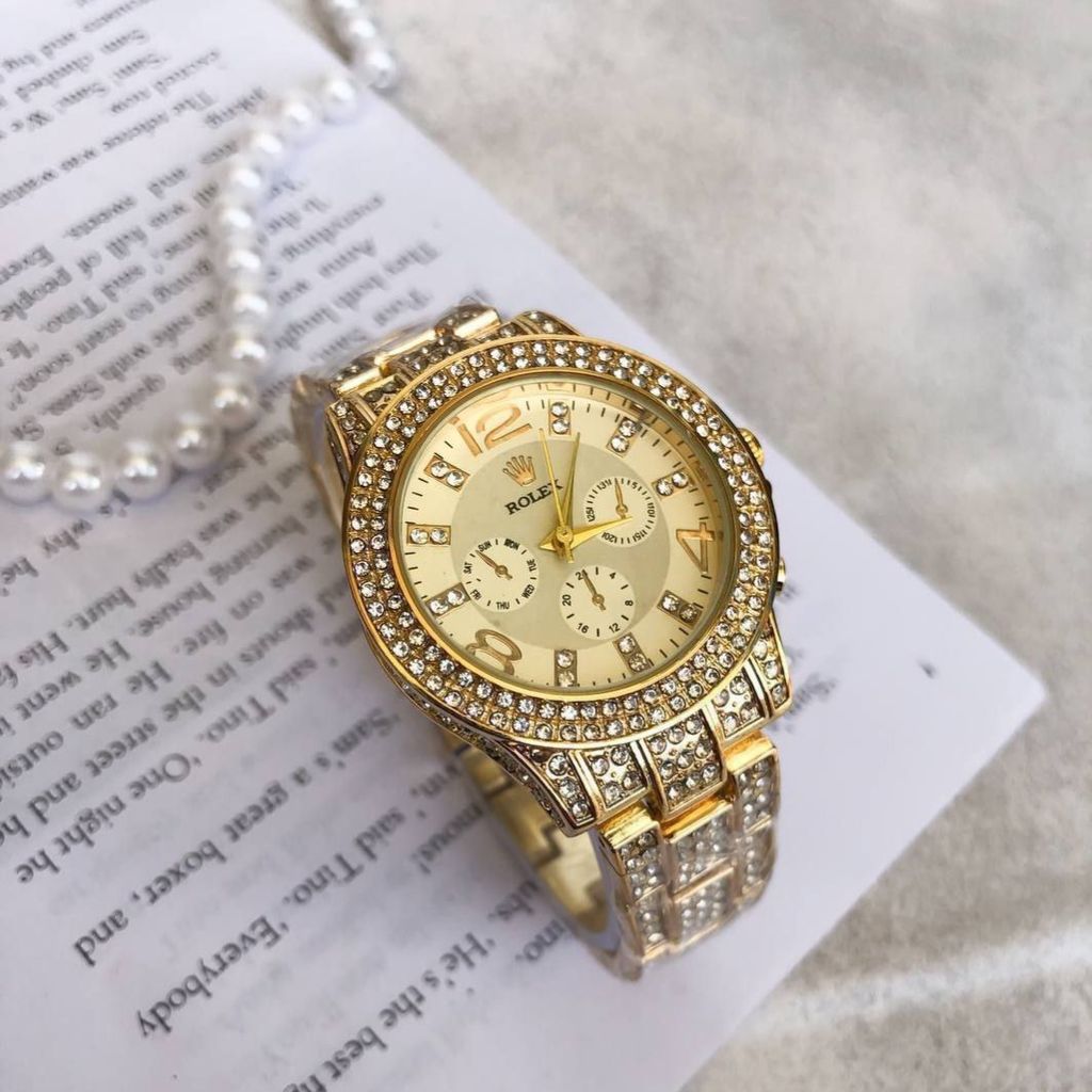 خرید اینترنتی ست ساعت رولکس نگین‌دار طلایی + انگشتر ست