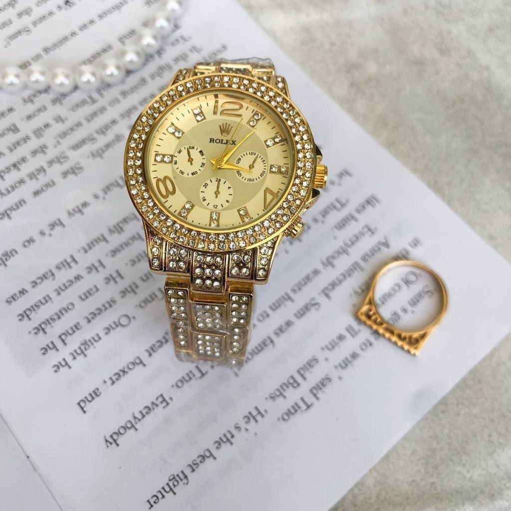 فروش اینترنتی ست ساعت رولکس نگین‌دار طلایی + انگشتر ست