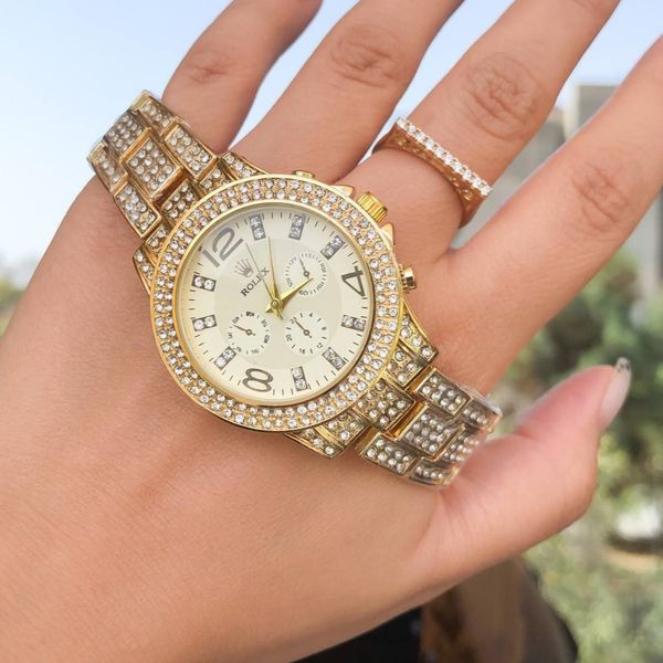 ست ساعت رولکس نگین‌دار طلایی + انگشتر ست