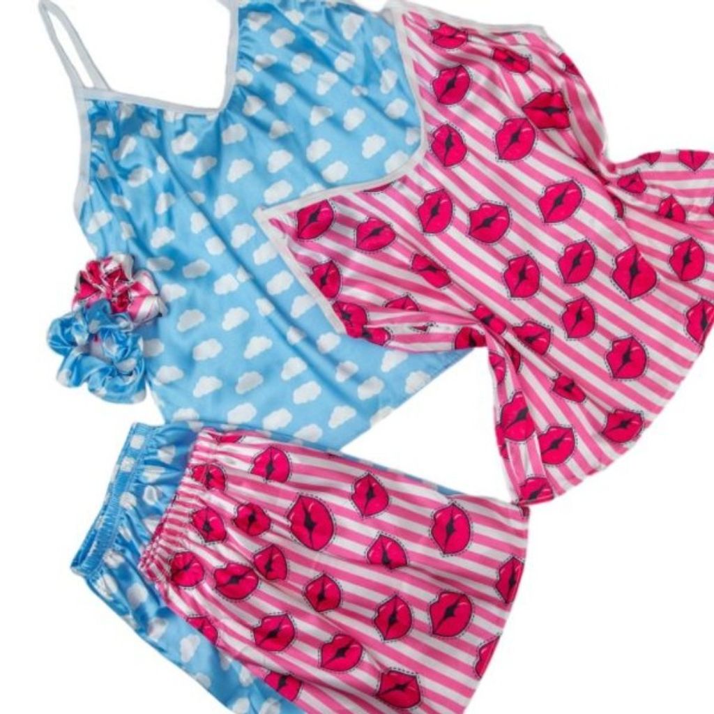 قیمت ارزان ست تاپ و شورتک ساتن طرحدار کد 01073 ماهی