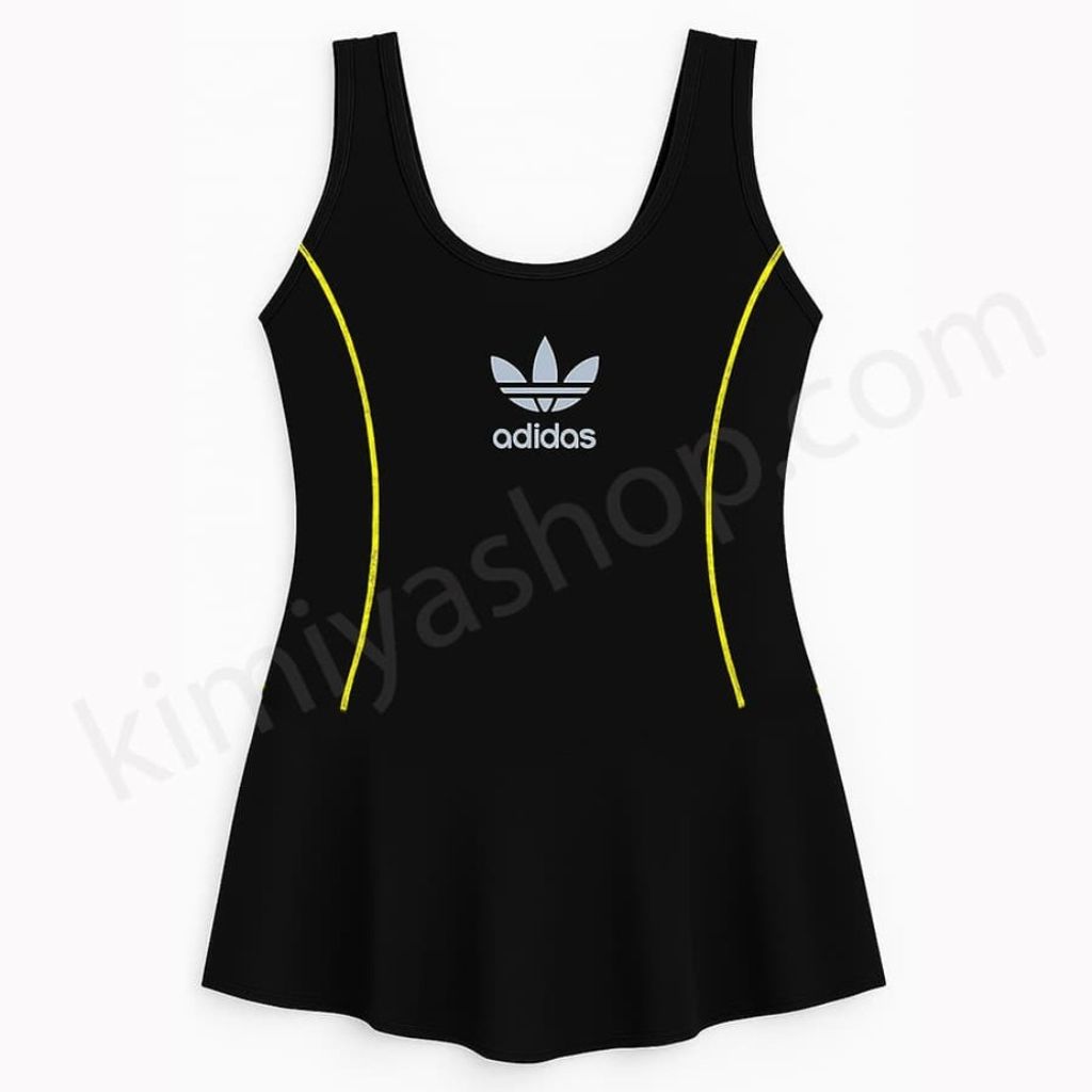 خرید آنلاین مایو زنانه دامن‌دار مشکی خط زرد – پارچه مایویی مرغوب