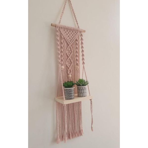 دیوارکوب شلف چوبی مکرومه بافی طرح اقاقیا